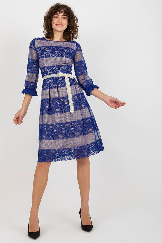 Elegant blue lace evening dress with 3/4 sleeves, adorned with a waist sash, perfect for formal events or special occasions.