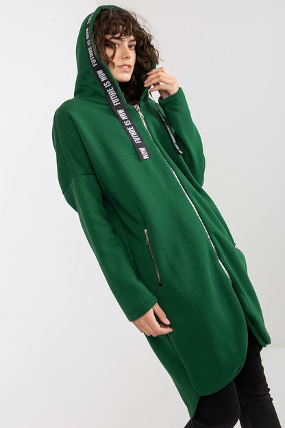 Luxury women's zippered hooded sweatshirt in vibrant green, featuring an extended cut and zip pockets, perfect for chic comfort.