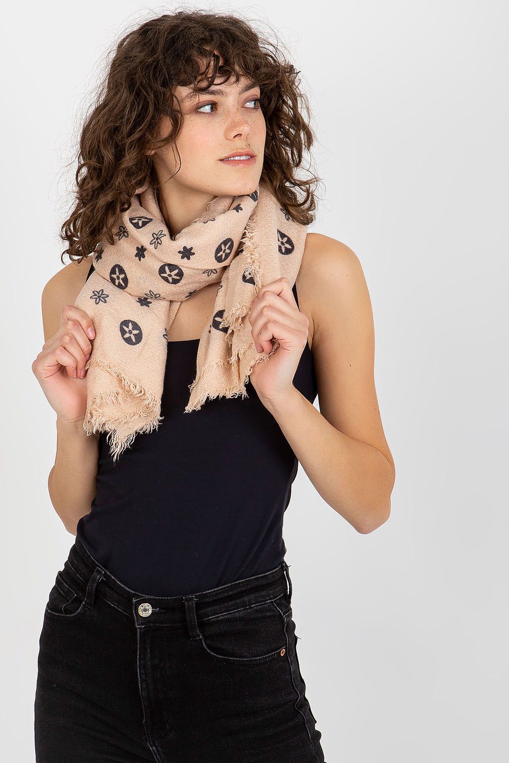 Elegant model showcasing a luxury 100% acrylic neckerchief in a stylish pattern, draped artfully around her neck, exuding a sophisticated look.