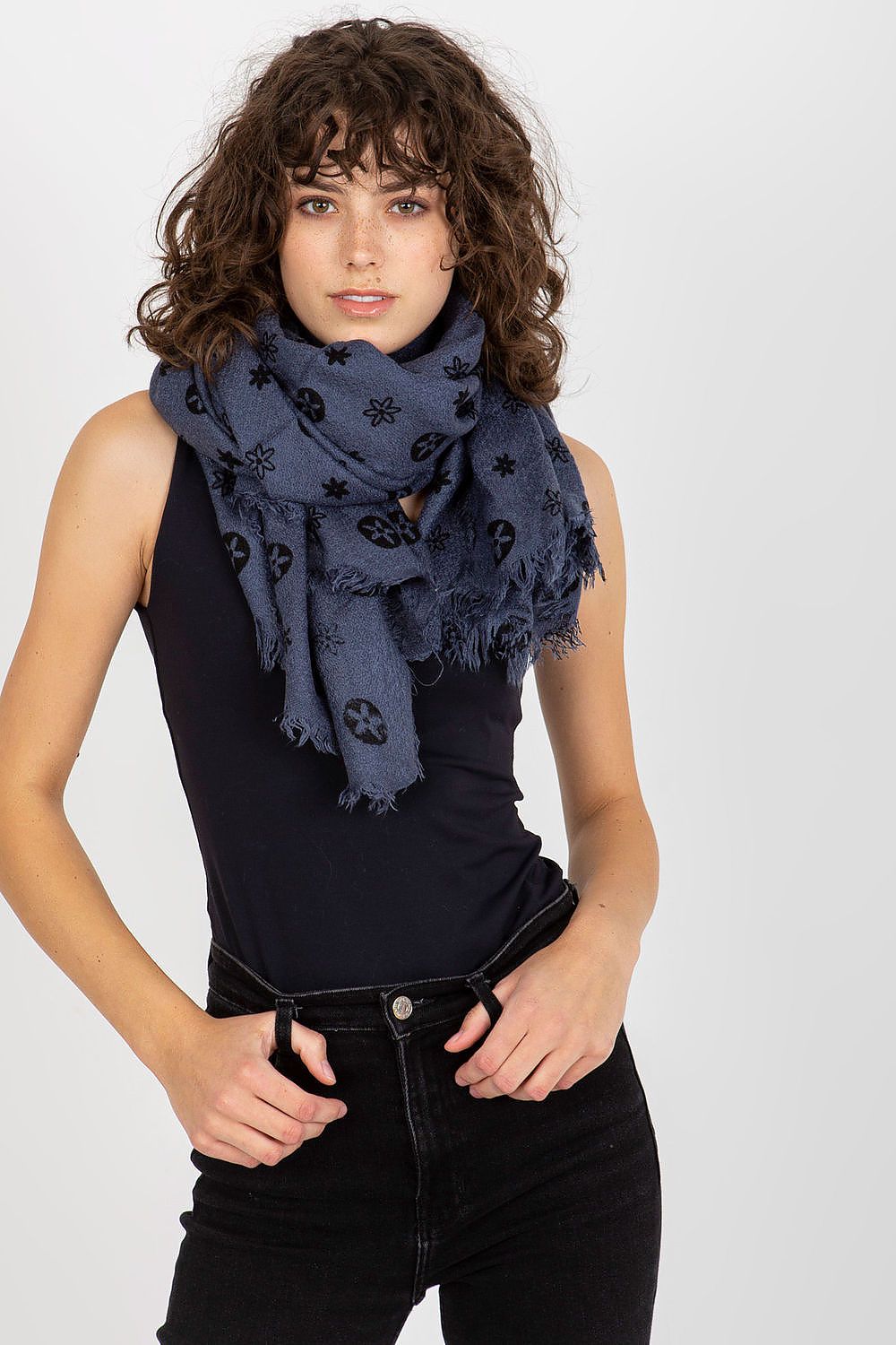 Elegant woman wearing a navy luxury acrylic neckerchief adorned with a stylish pattern, showcasing versatility and flair.