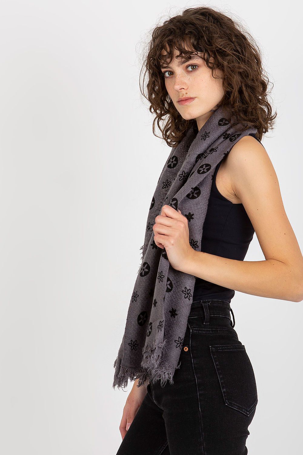Elegant model showcasing a luxury 100% acrylic neckerchief in a stylish grey pattern, perfect for adding sophistication to any outfit.