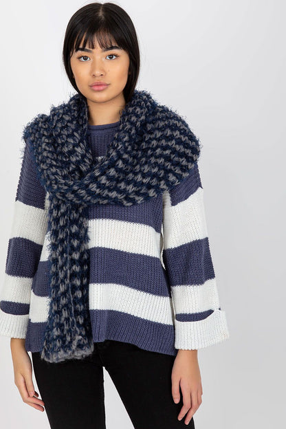 Luxurious knitted acrylic shawl scarf draped stylishly on a model against a neutral background, showcasing a combination of navy and grey hues.