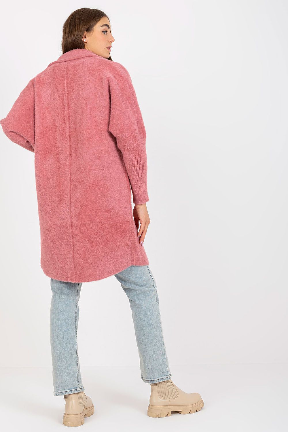 Fashion-forward women's angora wool blend coat in a beautiful pink hue, designed with long sleeves and slip pockets, pictured from the back for a stylish overview.