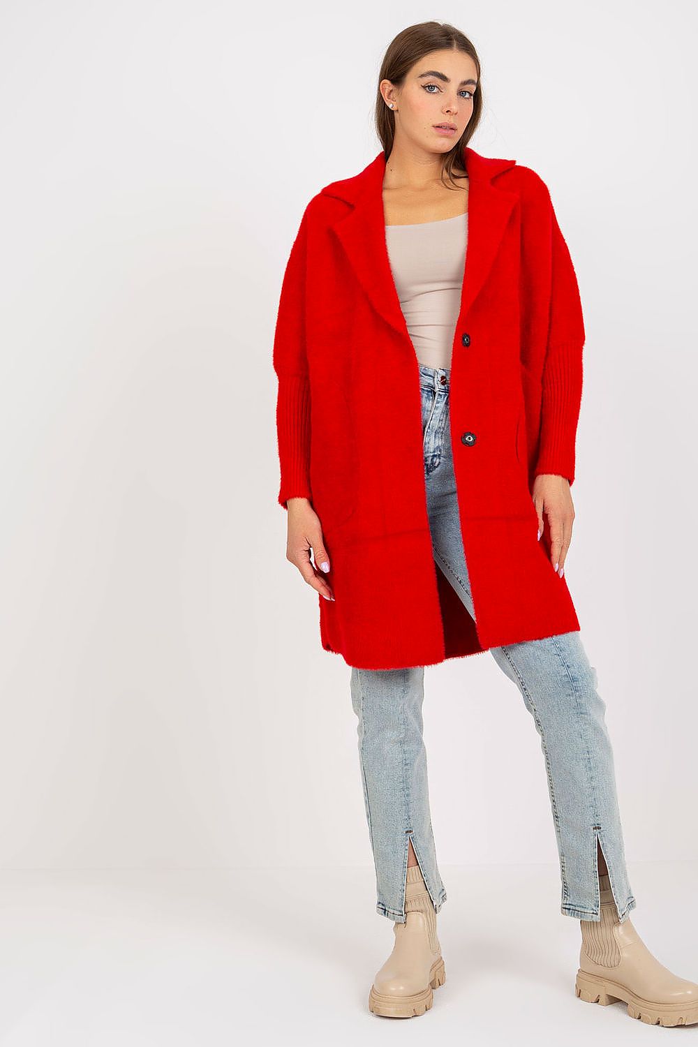 Elegant Women's MBM Angora Wool Blend Coat in vibrant red, featuring long sleeves, slip pockets, and a tailored silhouette, paired with stylish light blue jeans and beige ankle boots.