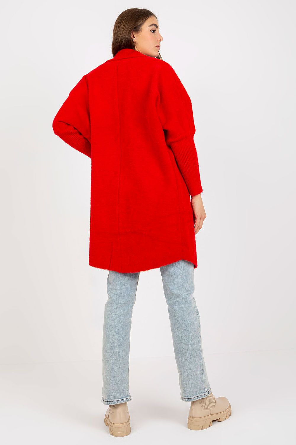 Sophisticated back view of Women's MBM Angora Wool Blend Coat in bold red, designed with a relaxed fit and long sleeves, accentuated by light blue jeans and fashionable beige boots.