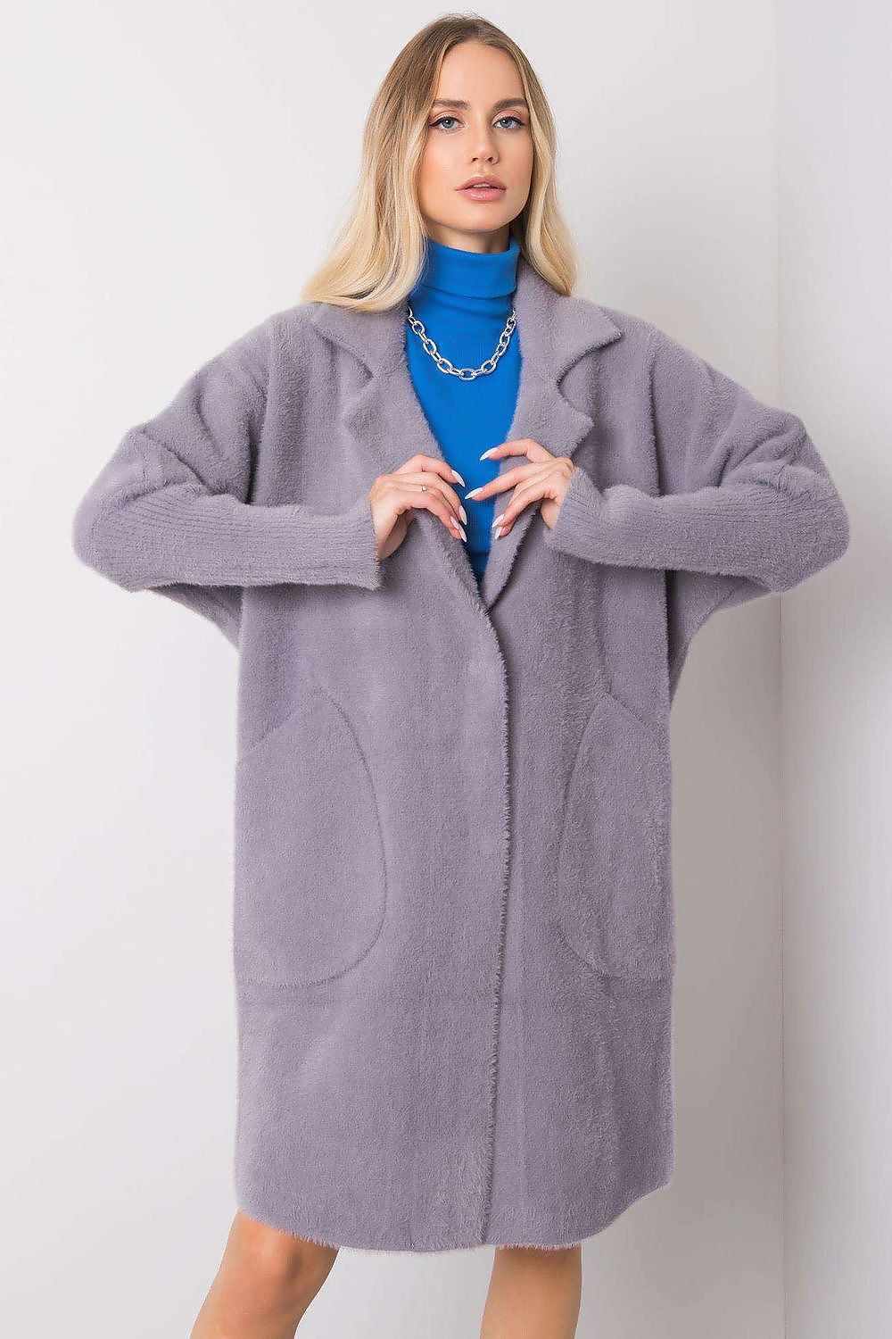 Charming front view of Women's MBM Angora Wool Blend Coat in sophisticated grey, elegantly layered over a blue turtleneck, showcasing its plush texture and stylish pockets.