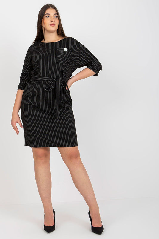 Elegant plus size pencil dress in black with vertical stripes, featuring 3/4 sleeves and a stylish tie belt, showcasing a sophisticated silhouette suitable for formal occasions.