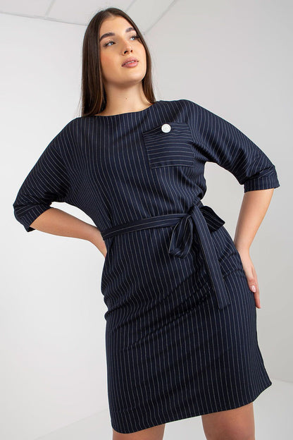 Elegant plus size pencil dress by Lakerta featuring a stylish tie belt and 3/4 sleeves, designed with a classic striped pattern.