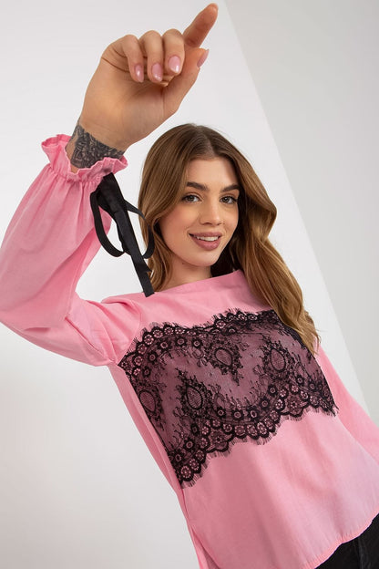 Elegant pink luxury cotton blouse with long sleeves and intricate black lace detailing, perfect for sophisticated occasions.