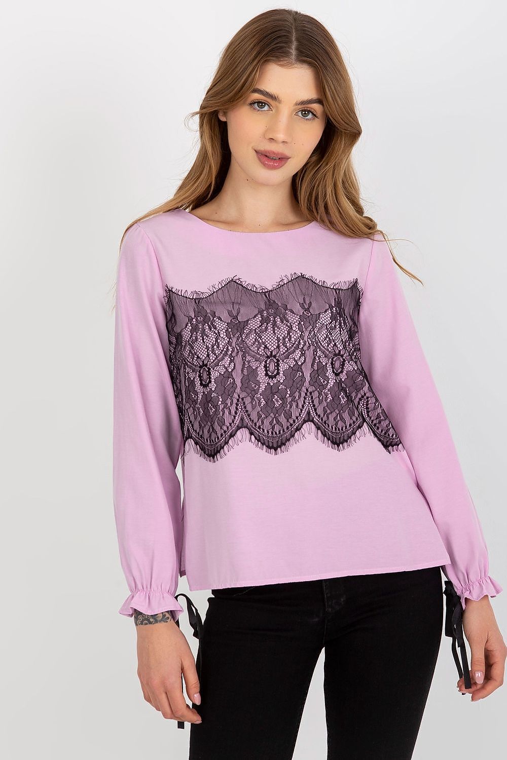Luxury cotton blouse featuring long sleeves and elegant black decorative lace detail, ideal for sophisticated looks.
