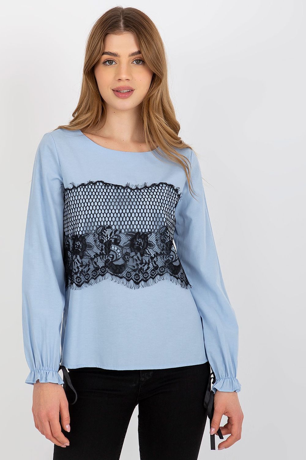 Sophisticated blue cotton blouse with long sleeves and exquisite black lace detailing, suitable for various formal settings.