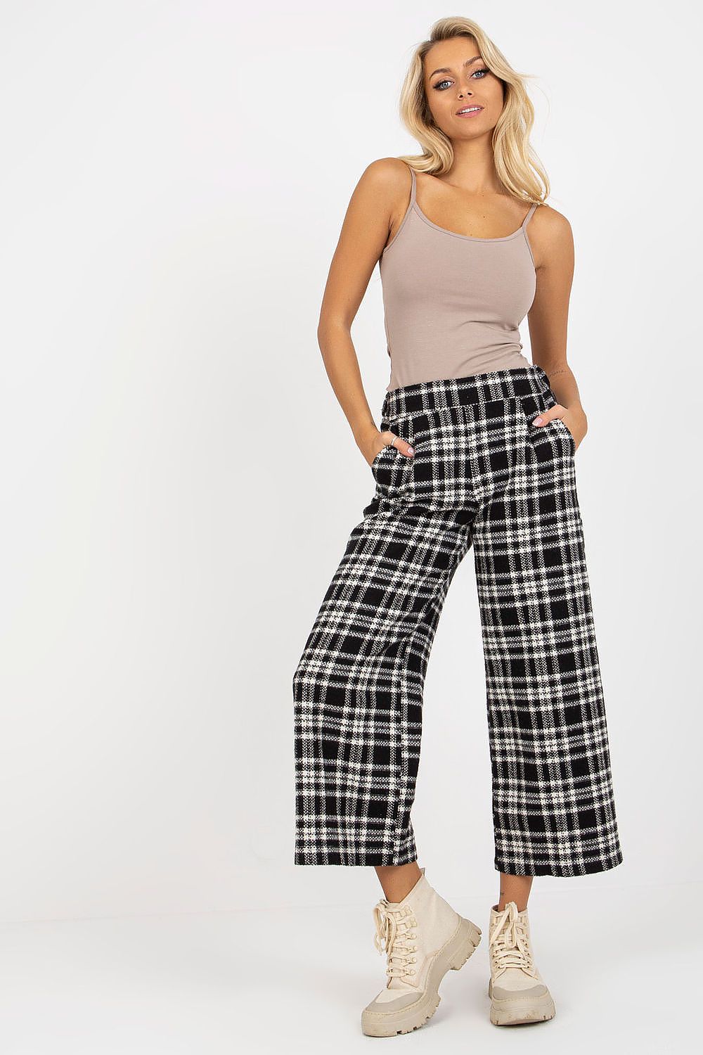 Elevate your style with Lakerta women's checkered wool trousers, featuring a tailored silhouette with a covered zipper and chic slip pockets, paired perfectly with a sophisticated tank top.
