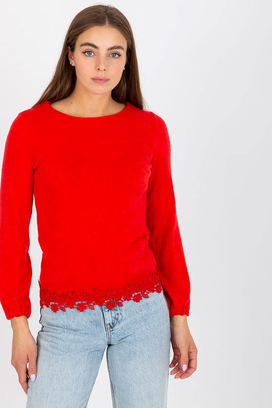 A luxurious red wool blouse by Lakerta featuring long sleeves and a round neckline, adorned with delicate floral lace detailing along the hem, perfect for sophisticated occasions.