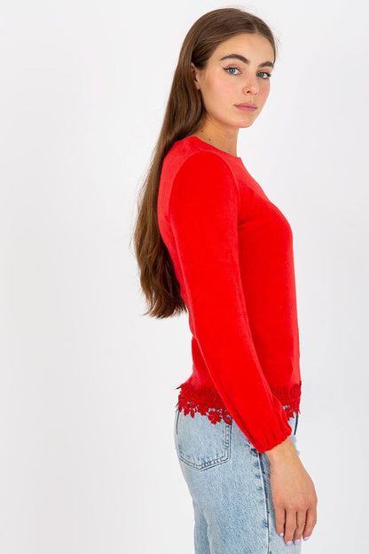 Elegant side view of a luxurious red wool blouse with long sleeves and intricate lace detailing, perfect for stylish occasions.