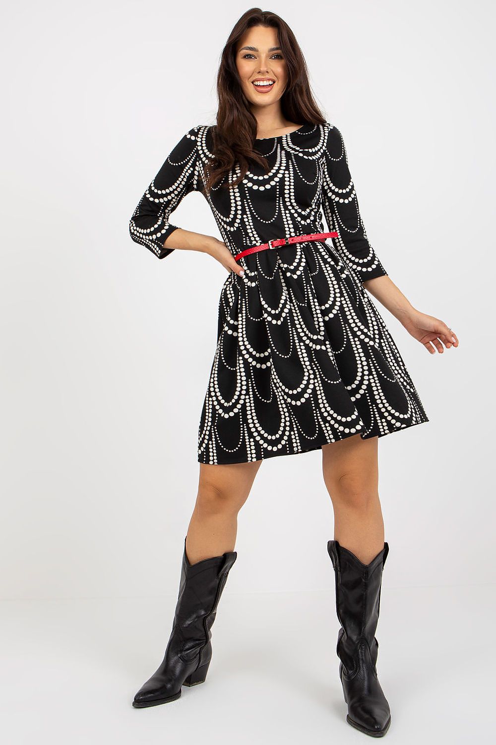 Chic 3/4 sleeve daydress from Lakerta, designed with a sophisticated black and white pearl motif and accentuated with a striking red belt, perfect for versatile daywear.