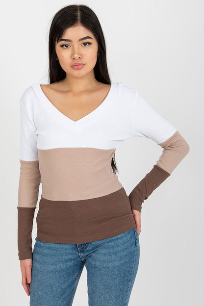 Chic luxury ribbed blouse featuring a long sleeve design and heart-shaped neckline, elegantly styled in a three-toned colour palette of white, beige, and brown.