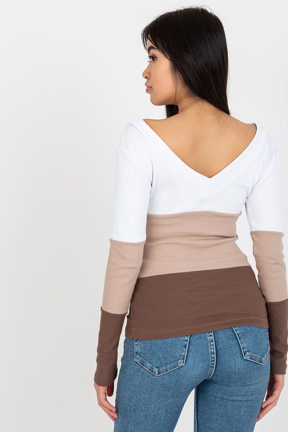Fashionable back view of a luxury ribbed blouse with long sleeves and heart neckline, highlighting the sophistication of the colour block design in a soft palette of white, beige, and brown.