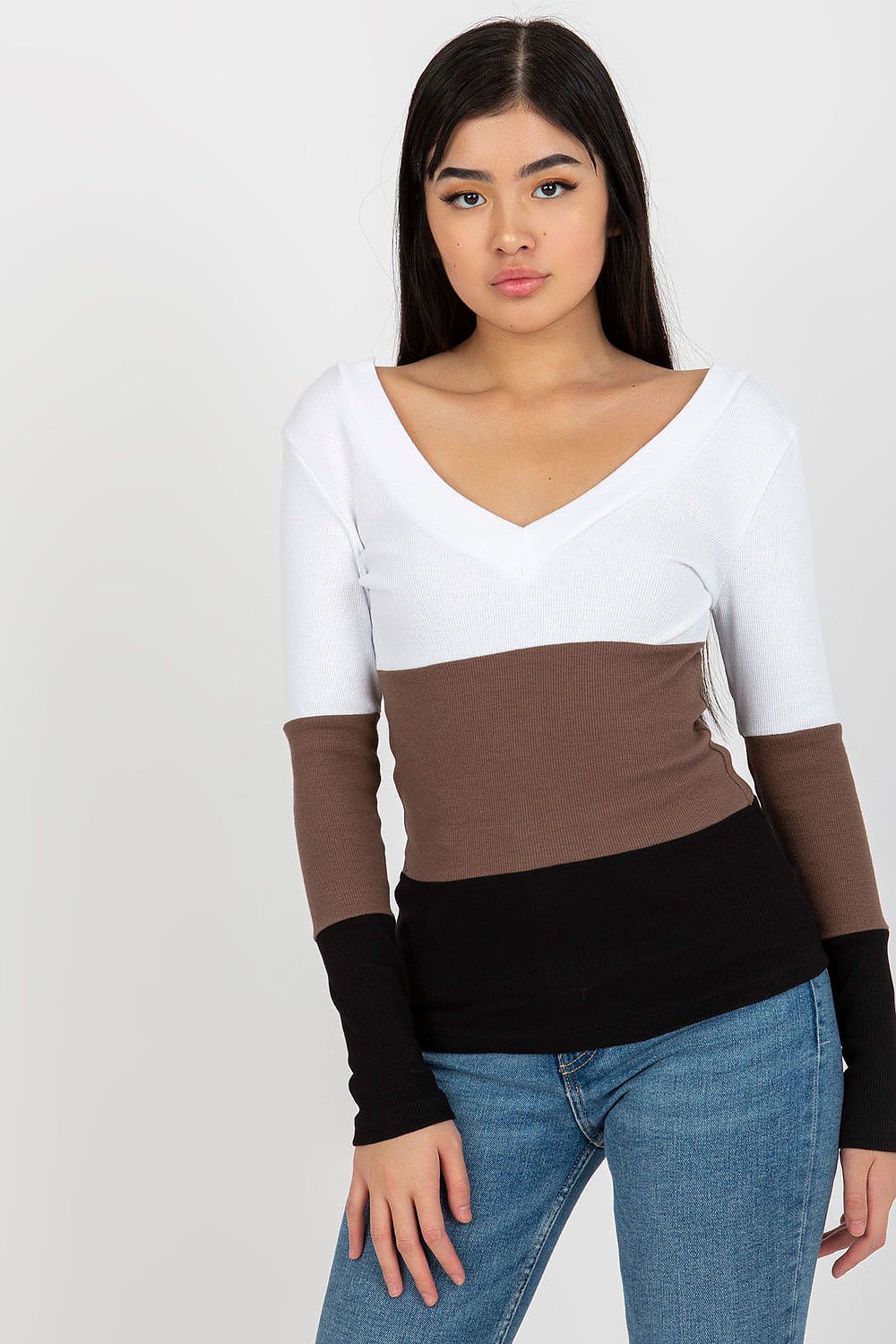 Fashion-forward ribbed blouse in a striking tri-colour design with a heart neckline, ideal for adding luxury to casual wear.
