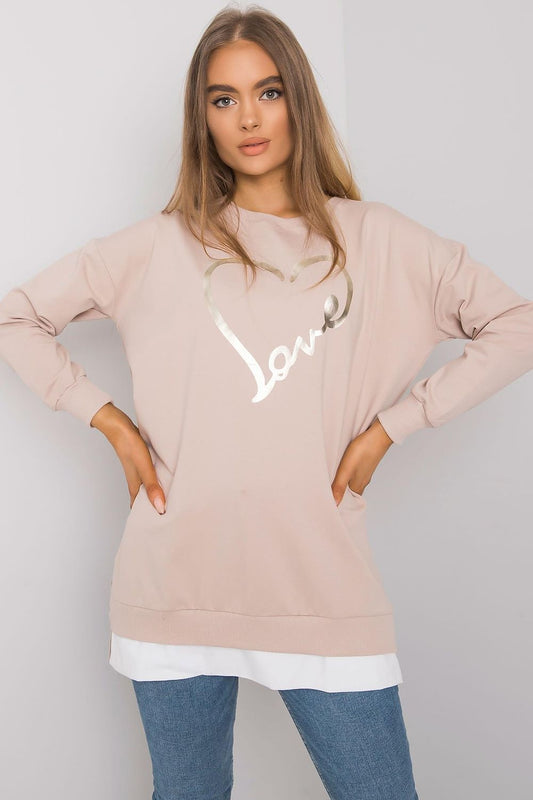 Luxurious loose-fitting tunic by Rue Paris featuring a decorative love print, styled with long sleeves and a round neckline, perfect for elegant casual wear.