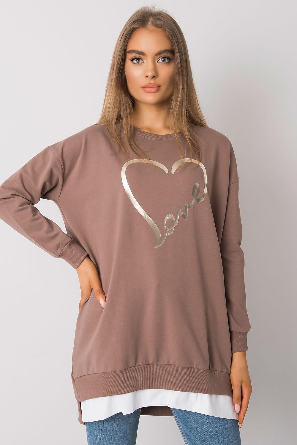 Stylish brown tunic with a striking heart-shaped 'love' print, featuring long sleeves and a relaxed fit, ideal for luxe casual wear.