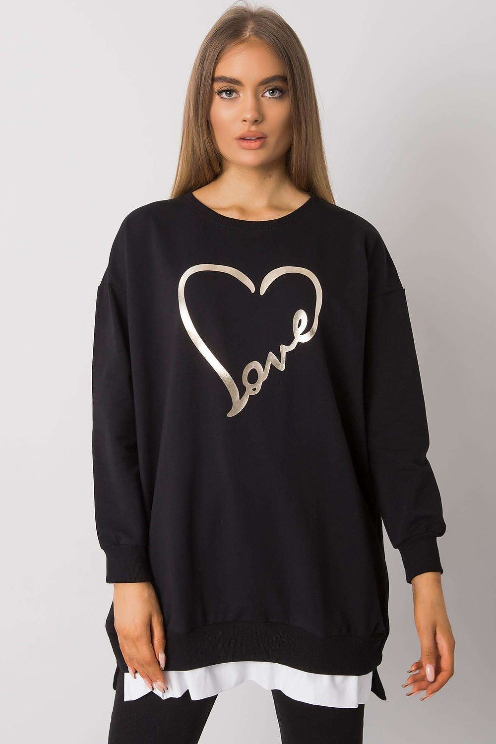 Luxurious loose-fitting tunic by Rue Paris featuring a round neckline and elegant long sleeves with a decorative gold 'Love' print, perfect for elevated casual wear.