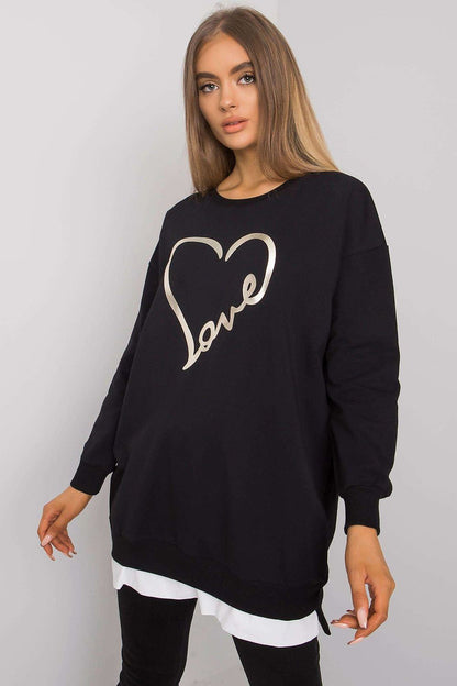 Elegant front view of the loose-fitting tunic by Rue Paris featuring a round neckline and decorative gold 'Love' print, ideal for both casual outings and elegant gatherings.