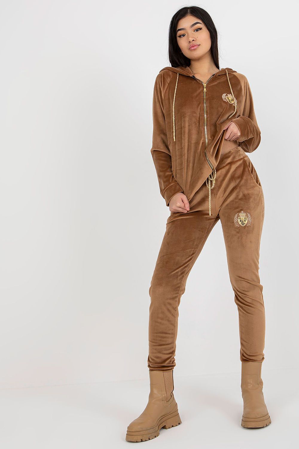 Luxury ladies' velour sweatshirt and pants set in rich brown, featuring elegant embroidery, hooded long sleeves, and tie-waist trousers, perfect for chic loungewear.