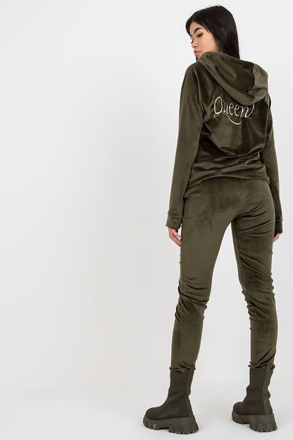 Chic ladies' velour tracksuit with intricate embroidery, showcasing the back view and the word 'Queen' on the hood, in a sophisticated olive hue.