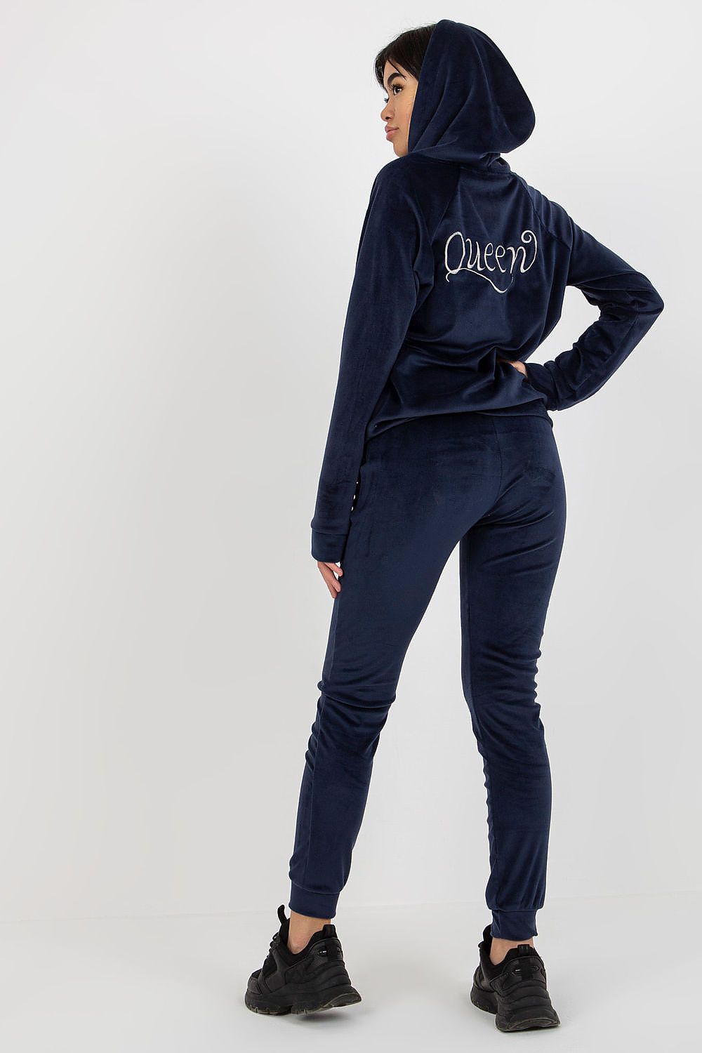 Sleek navy velour loungewear set, featuring an elegant 'Queen' design on the back of the hoodie, exuding luxury and comfort.