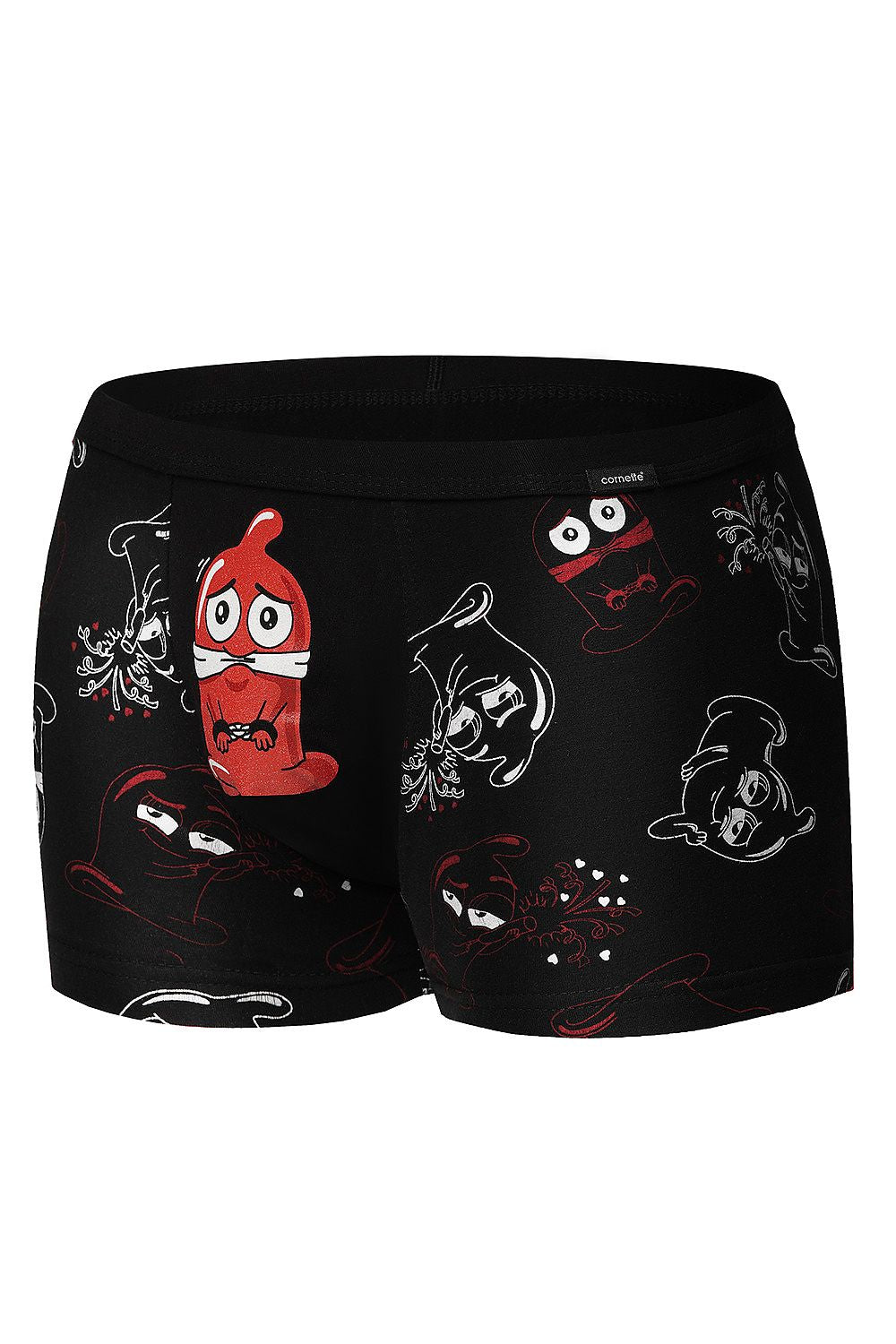 Luxurious Cornette funny boxer shorts featuring a playful design with cartoonish characters in bold red and black hues, crafted from soft cotton knit for ultimate comfort.