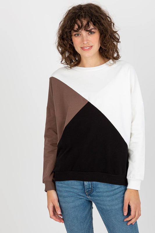 Stylish luxury women's long sleeve sweatshirt in a chic three-tone design featuring white, brown, and black hues, perfect for a sophisticated casual look.