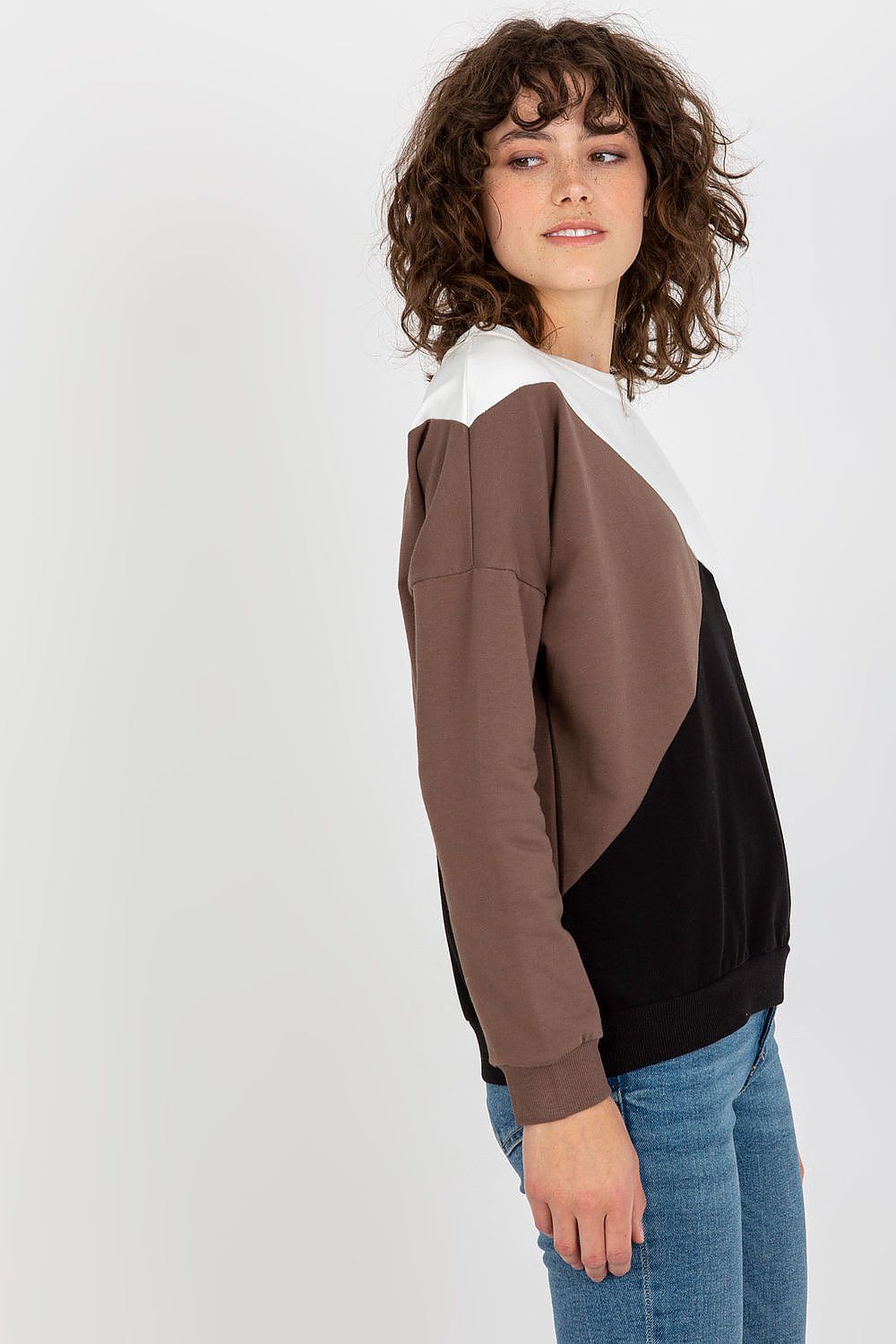 Sleek view of a luxury women's cotton blend sweatshirt with long sleeves and colour-blocking in white and brown, tailored for a relaxed yet stylish appeal.