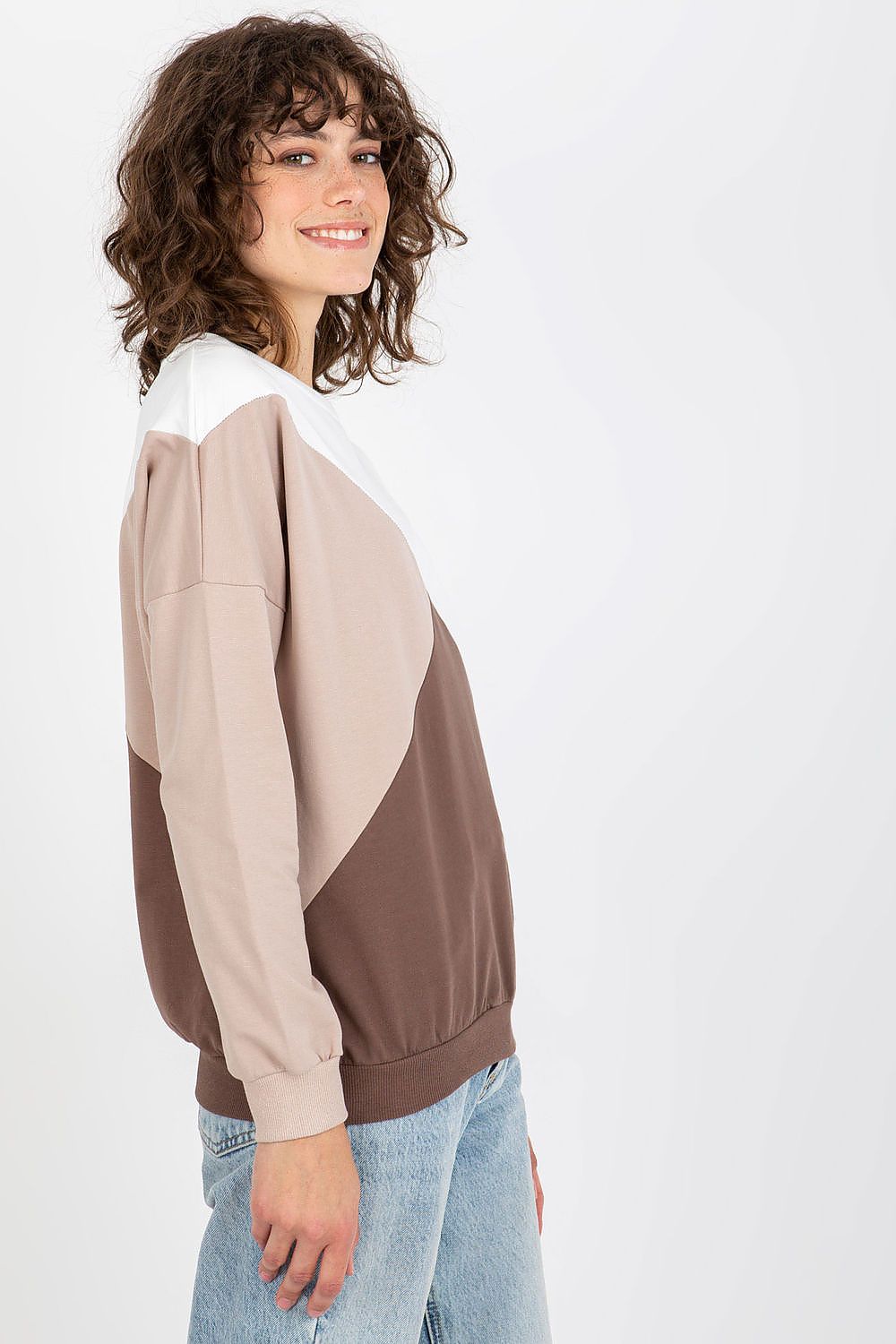 Graceful front view of a luxury women's long sleeve cotton blend sweatshirt in beige and brown, featuring stylish colour-blocking for an upscale casual aesthetic.