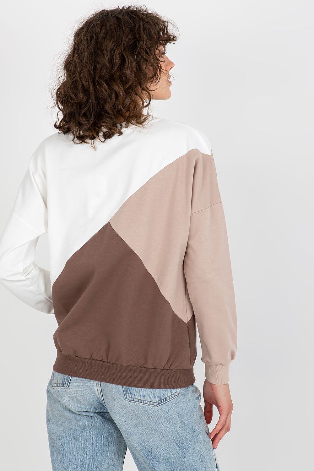 Luxury women's long sleeve cotton blend sweatshirt featuring a stylish geometric design in cream, taupe, and brown hues, shown from the back.