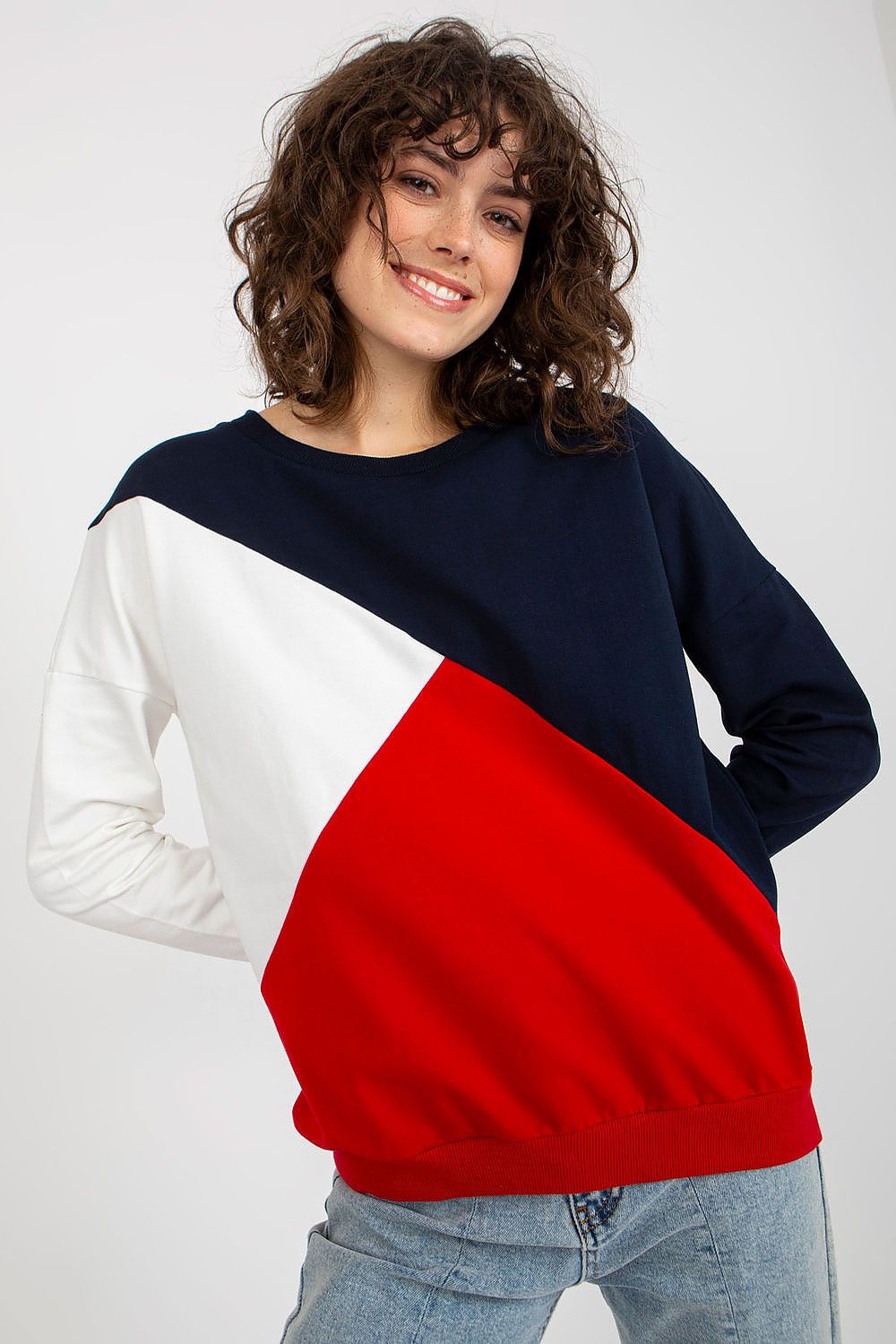 Elegant women's long sleeve cotton blend sweatshirt designed with a tri-colour scheme of navy blue, red, and white, showcasing a modern geometric cut.