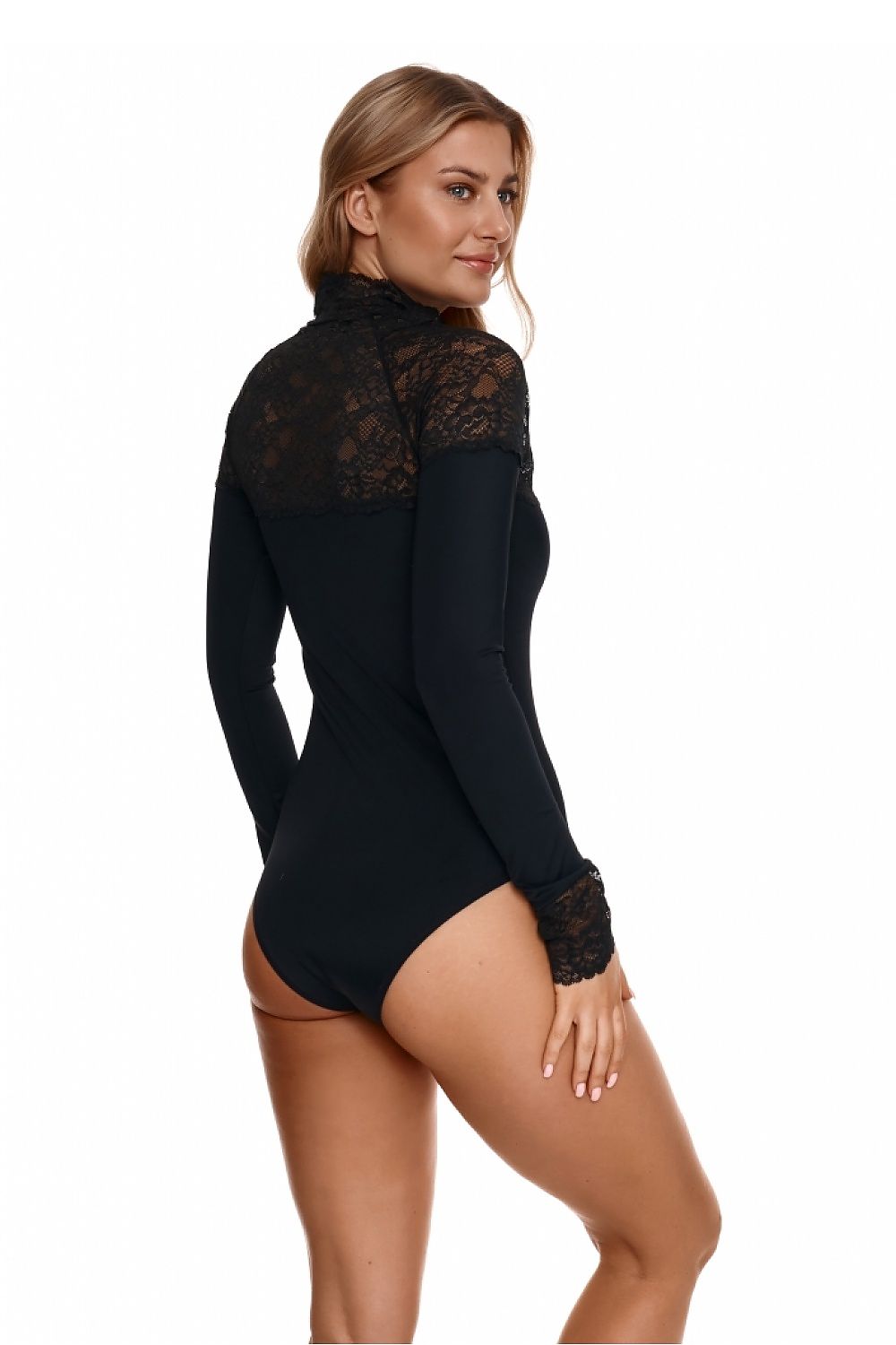Close-up of the Elegant Turtleneck Shapewear Bodysuit by Lupo Line featuring intricate lace detailing and premium black microfiber, perfect for chic occasions.