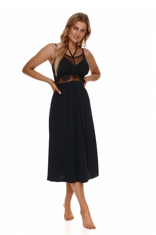 Elegant Lupo Line Nightgown featuring luxurious microfiber, black mesh, and intricate guipure details, designed with adjustable straps and available in plus sizes for a flattering silhouette.