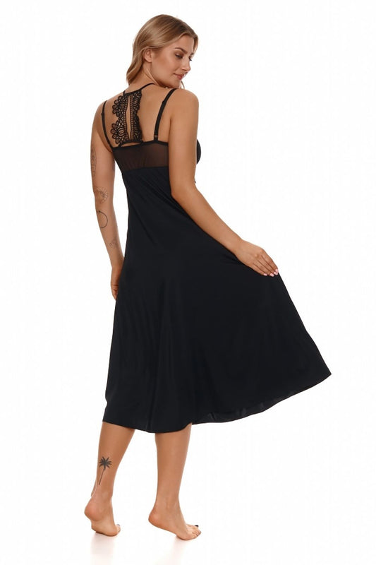 Elegant Lupo Line Nightgown featuring luxurious microfiber, black mesh and guipure. Adjustable straps for comfort and a flattering fit, designed for plus size with a stylish calf-length cut, perfect for romantic evenings.