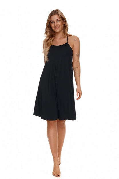 Elegant Black Nightshirt Chemise with Adjustable Straps and Unique Guipure Detail by Lupo Line, displayed in a soft lighting to highlight its luxurious fabric and chic design.