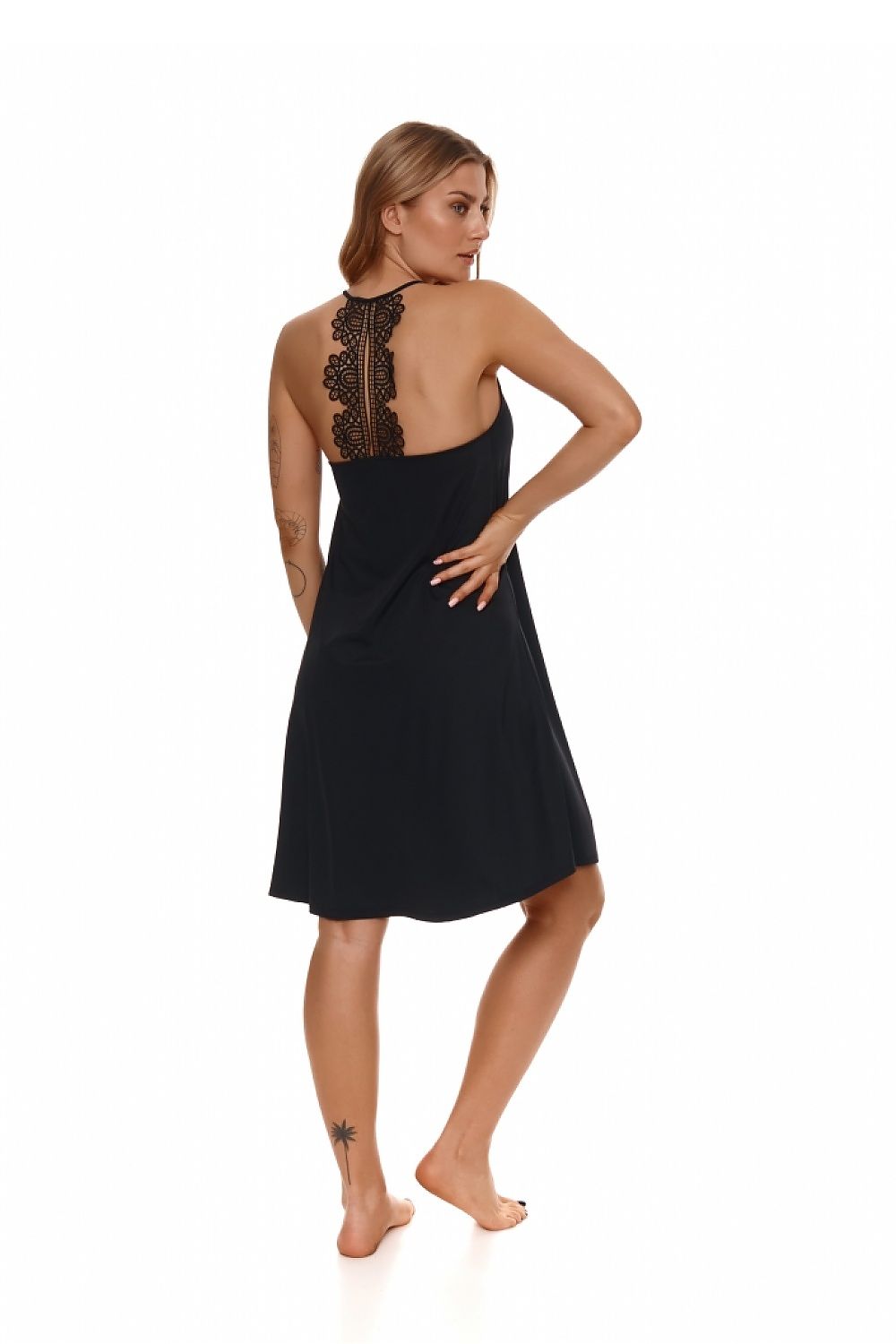 Close-up view of the Elegant Black Nightshirt Chemise by Lupo Line, showcasing the intricate guipure detail and adjustable straps, perfect for a sophisticated and elegant look.