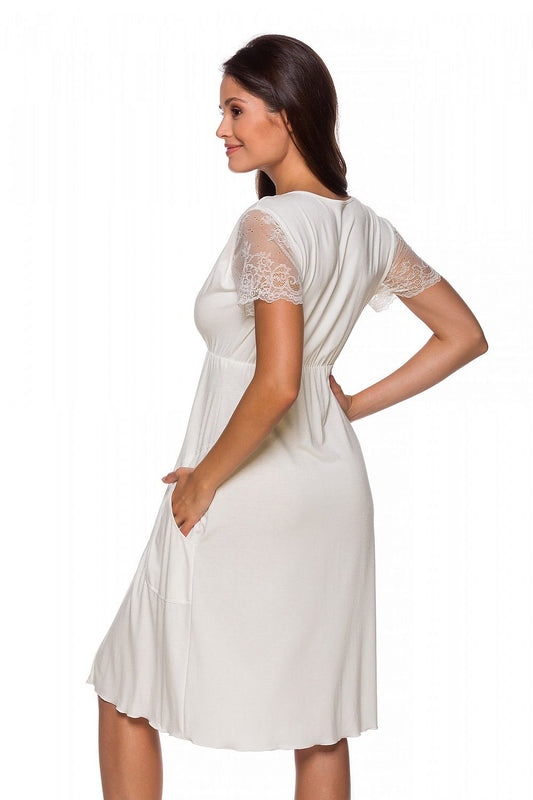 Lupo Line Maternity Nightshirt With Lace Sleeves, featuring a functional design with pockets, perfect for comfort during pregnancy and nursing.