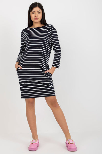 Elegant Stripe Daydress with Long Sleeves and Slip Pockets by Rue Paris - Luxurious straight cut design featuring soft cotton and spandex blend fabric.