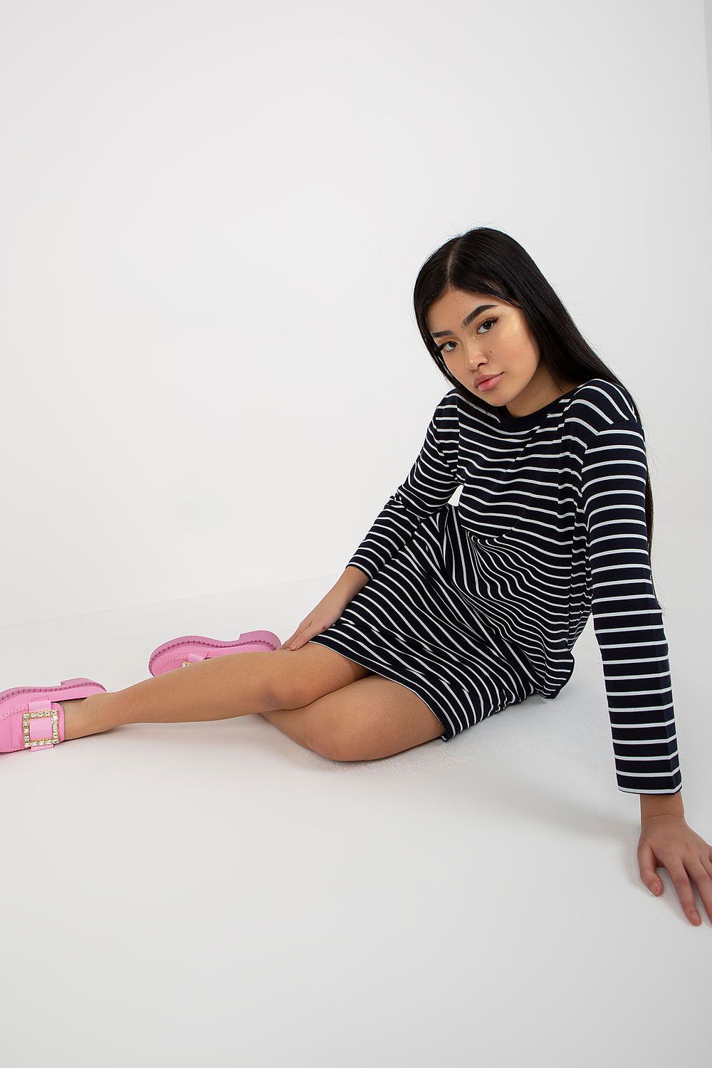 Elegant Stripe Daydress with Long Sleeves and Slip Pockets by Rue Paris - Showcasing stylish stripes, round neckline and functional side slip pockets, perfect for modern elegance.