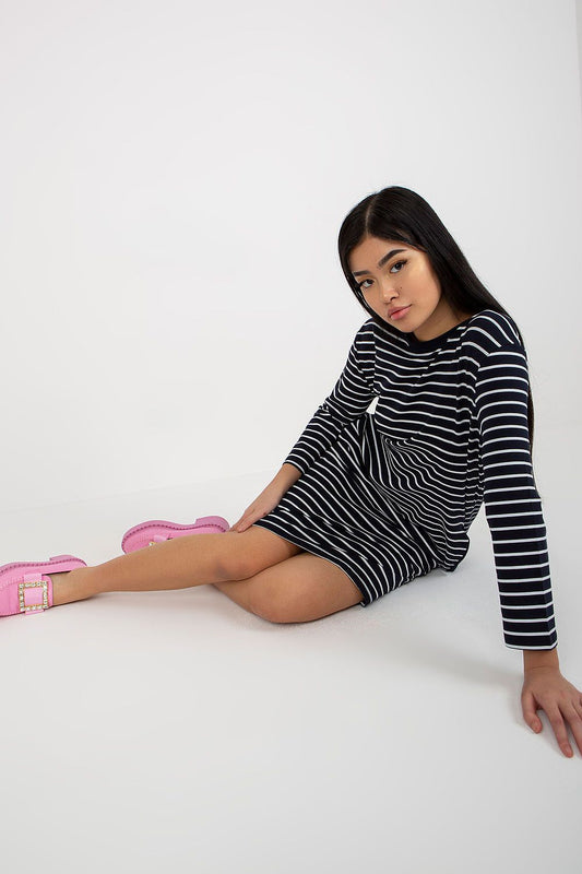 Elegant Stripe Daydress with Long Sleeves and Slip Pockets by Rue Paris - Showcasing stylish stripes, round neckline and functional side slip pockets, perfect for modern elegance.