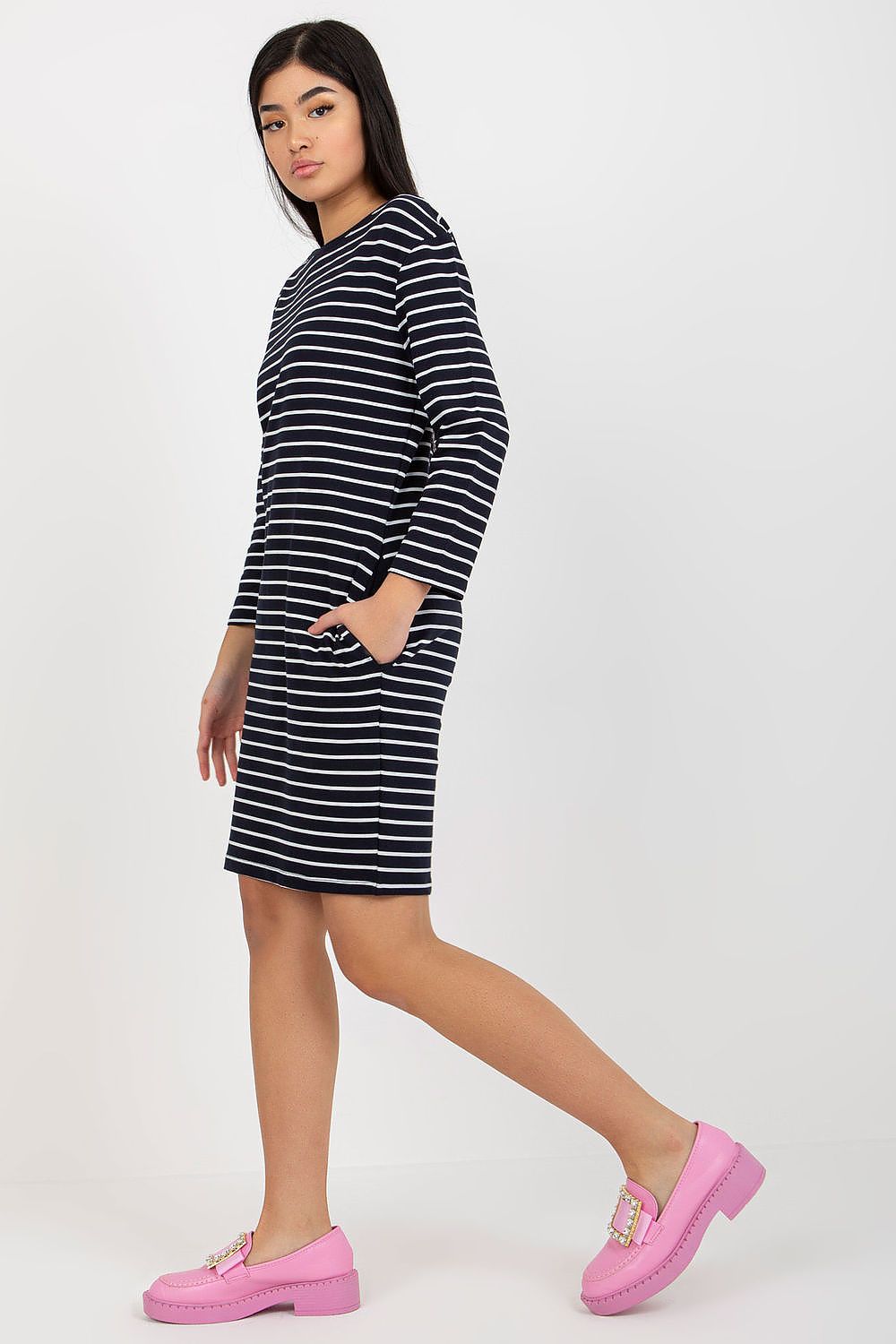 Elegant Stripe Daydress with Long Sleeves and Slip Pockets by Rue Paris, showcasing a luxurious straight cut design in beautiful striped fabric.