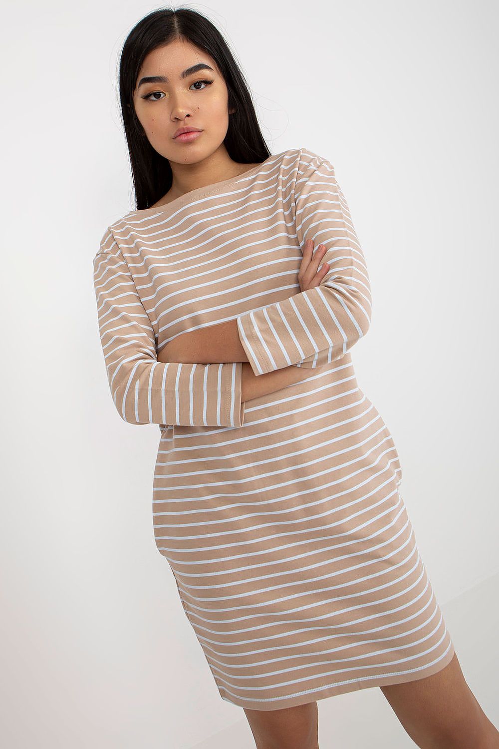 Close-up of the Elegant Stripe Daydress with Long Sleeves and Slip Pockets by Rue Paris, highlighting the quality cotton and spandex blend for comfort and style.