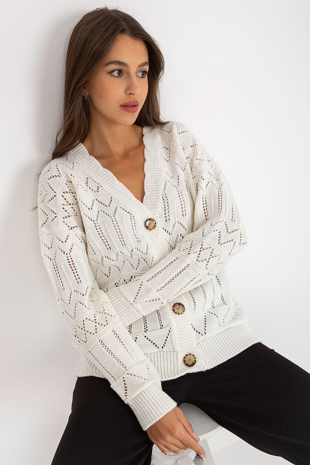 Luxurious Openwork Button-Down Cardigan in Cotton and Spandex by Rue Paris showcasing its delicate knit pattern.