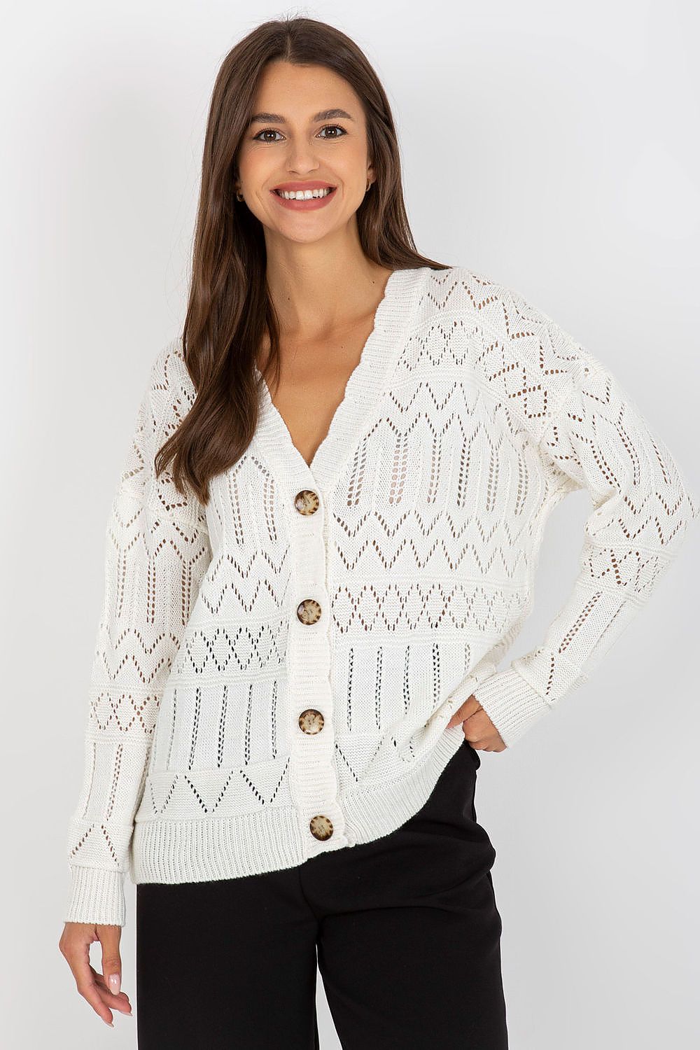 Chic Luxurious Openwork Button-Down Cardigan in Cotton and Spandex by Rue Paris in a close-up view highlighting the button details.