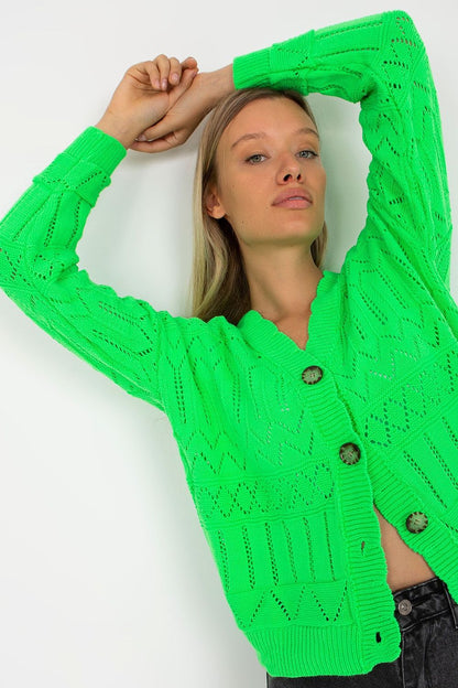 Luxurious Openwork Button-Down Cardigan in Cotton and Spandex by Rue Paris displayed elegantly on a model.