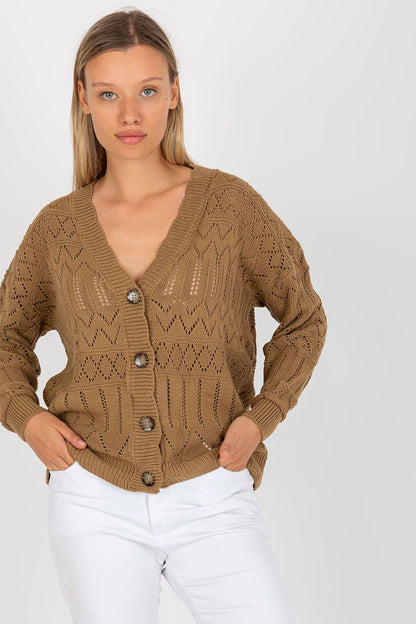 Elegant view of the Luxurious Openwork Button-Down Cardigan in Cotton and Spandex by Rue Paris, highlighting its stylish design and soft texture.